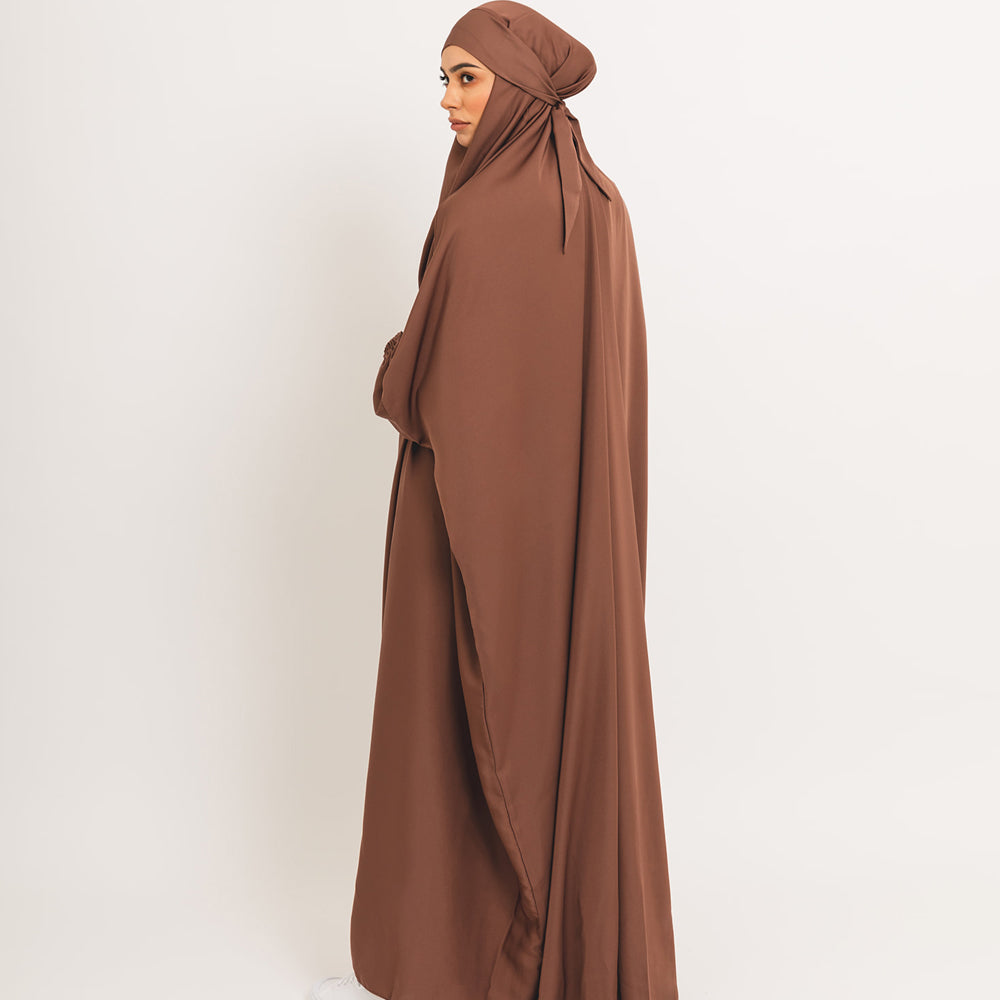 Khimar marron classique avec poignets élastiques et lien à l'arrière